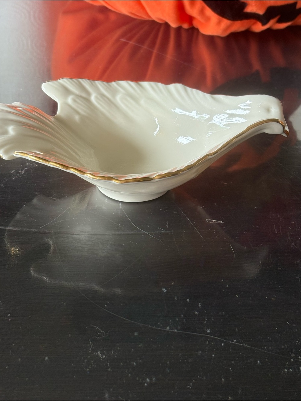 Lenox White Leaf-Shaped Serving Bowl with Gold Rim